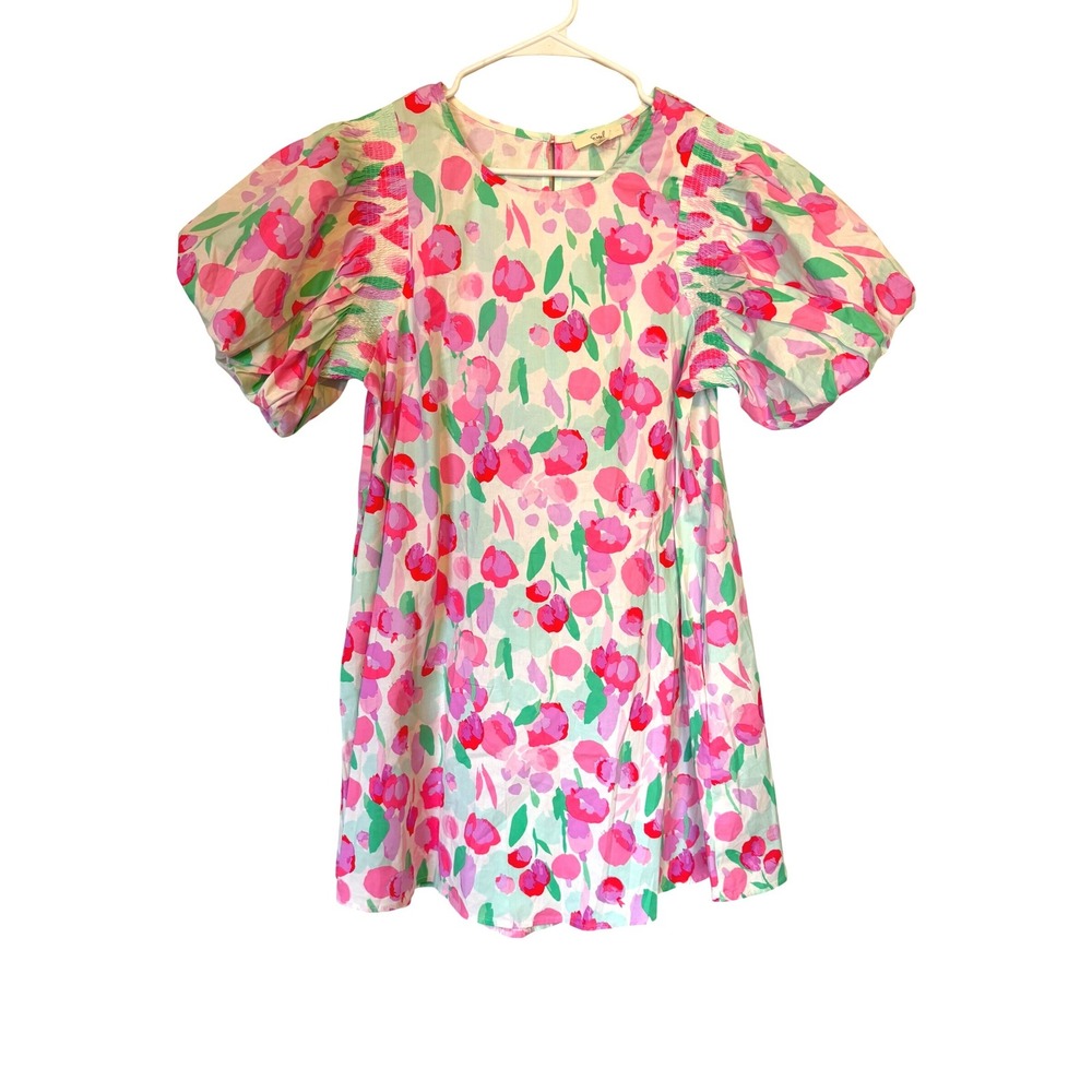 Easel Los Angeles Pink Floral Puff Sleeve Babydoll Mini Dress Small cottagecore